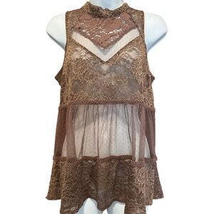 Lace Sheer Coquette Flowy Ruffle‎ High Neck Top Fairy Whimsical Whimsigoth M
